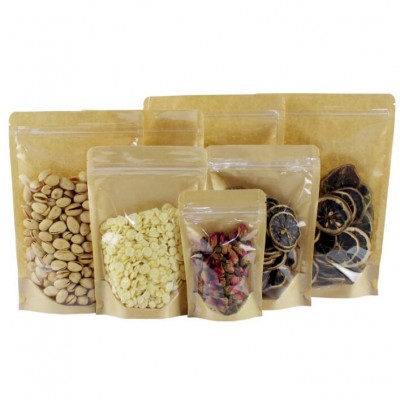 Clear Front Brown Kraft Paper Zip Lock Plastic Package Bag Doypack Stand Up Pouch Reclosable Nuts Coffee Tea Bag